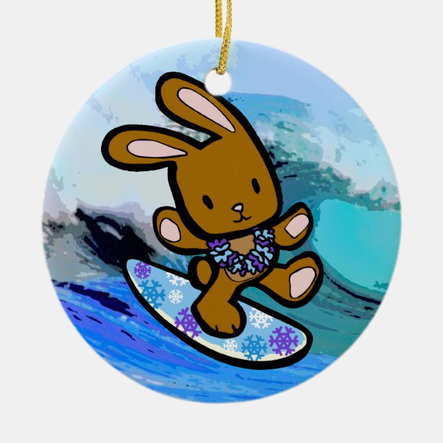 Hawaiian Surfing Bunny Holiday Cartoon Keramik Ornament (Vorne)