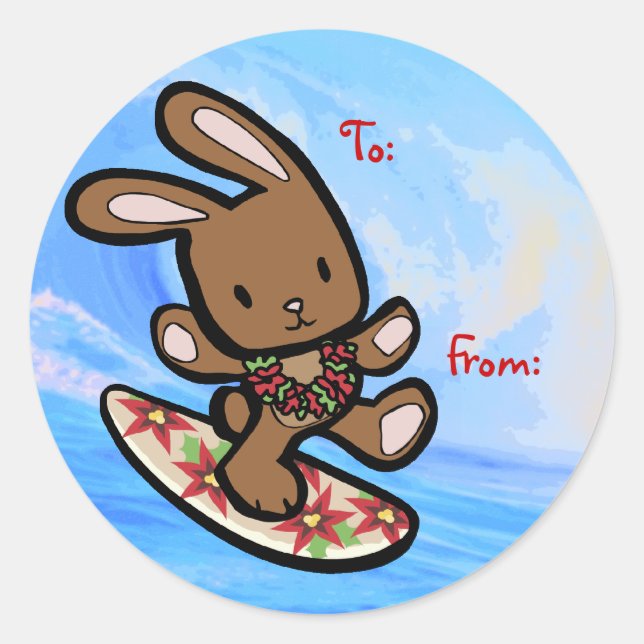 Hawaiian Surfing Bunny Holiday Cartoon Runder Aufkleber (Vorderseite)