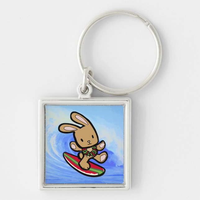 Hawaiian Surfing Bunny Holiday Cartoon Schlüsselanhänger (Vorne)