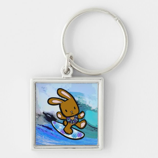 Hawaiian Surfing Bunny Holiday Cartoon Schlüsselanhänger (Vorne)