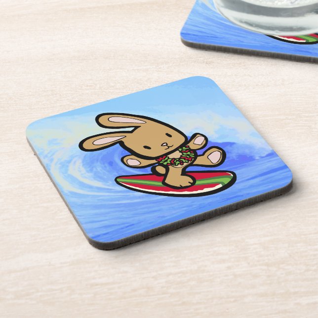 Hawaiian Surfing Bunny Holiday Cartoon Untersetzer (Linke Seite)