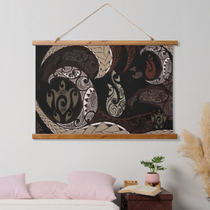 Hawaiian Tapa Icons Wandteppich Mit Holzrahmen