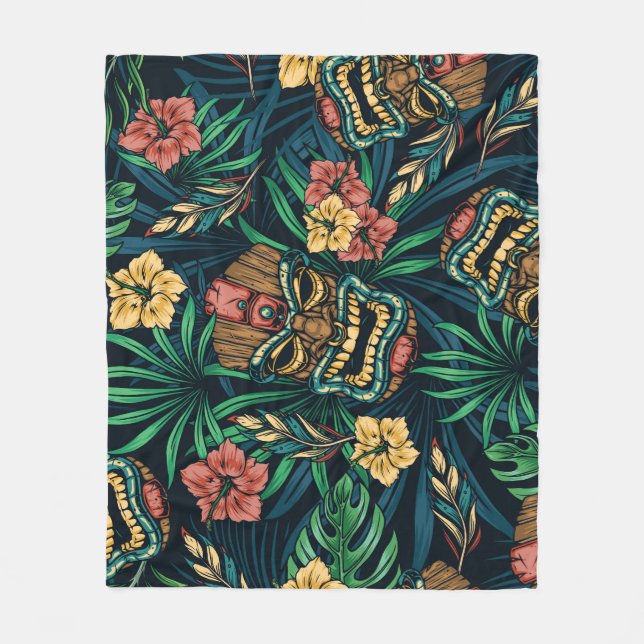 Hawaiian Tiki Mask tropisches Muster Fleecedecke (Vorderseite)