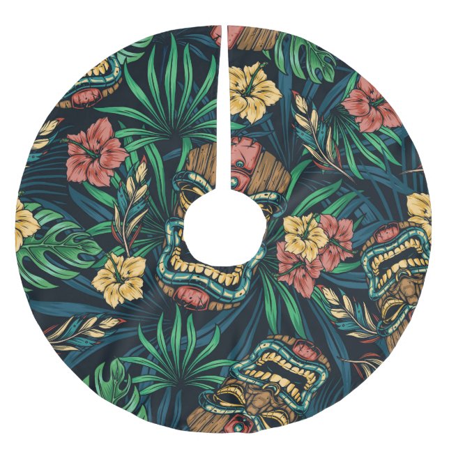 Hawaiian Tiki Mask tropisches Muster Polyester Weihnachtsbaumdecke (Vorderseite)