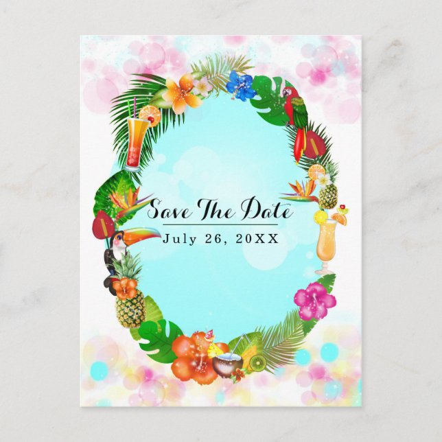 Hawaiian Tropical Summer Frame Save the Date Party Ankündigungspostkarte (Vorderseite)
