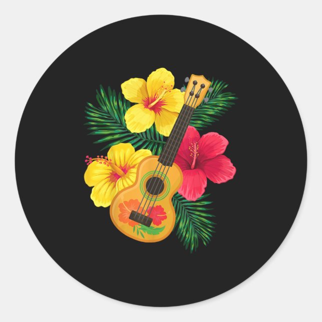 Hawaiian Ukulele Retro Uke Hibiskus Runder Aufkleber (Vorderseite)