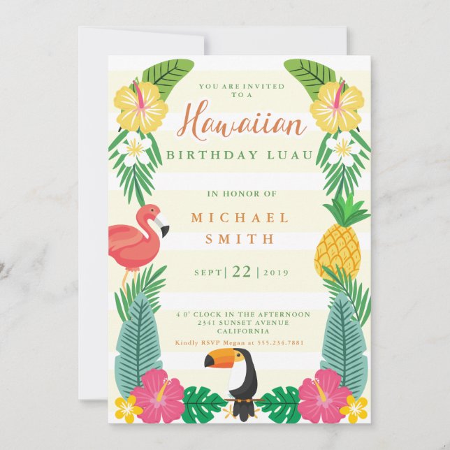Hawaiianisch Gelb und grüne Blüten zum Geburtstag Einladung (Vorderseite)