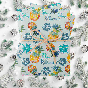 Hawaiianische Ananas und Hibiskus Mele Kalikimaka Geschenkpapier Set