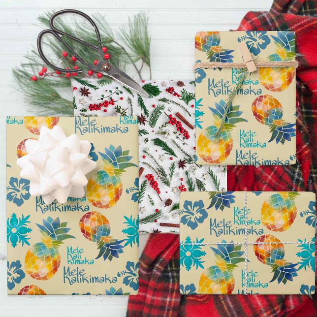 Hawaiianische Ananas und Hibiskus Mele Kalikimaka  Geschenkpapier Set (Von Creator hochgeladen)