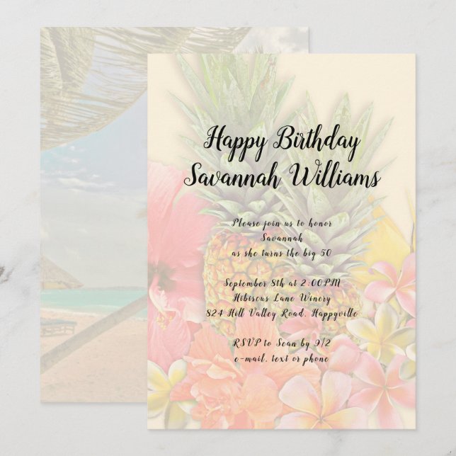 Hawaiianische Blume Ananas Geburtstagsparty Einlad Einladung (Vorne/Hinten)