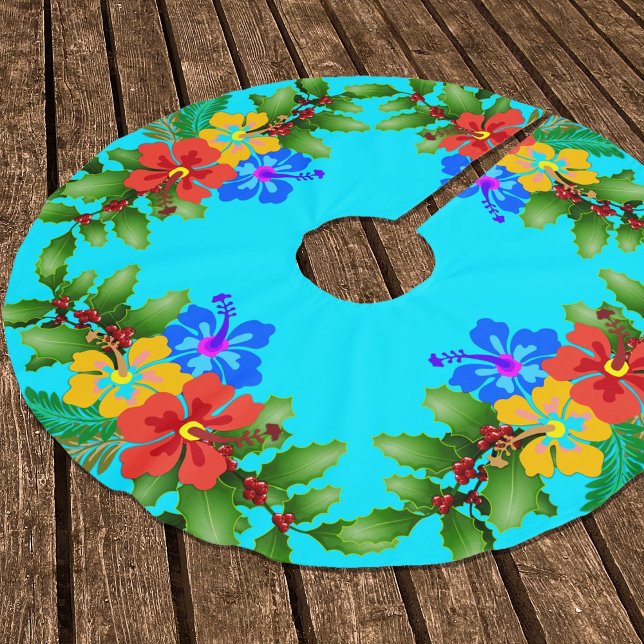 Hawaiianische Blume Hibiskus Aqua Polyester Weihnachtsbaumdecke (Von Creator hochgeladen)