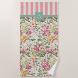 Hawaiianische Flora und Streifen | Monogramm Strandtuch