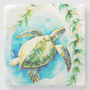 Hawaiianische Honu mit Plumeria & Maile Watercolor Steinuntersetzer
