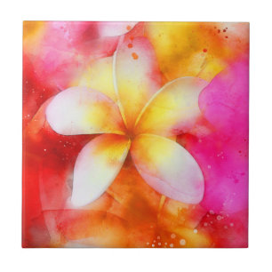 Hawaiianische Plumeria in Neon Pink, Gelb und Wei Fliese
