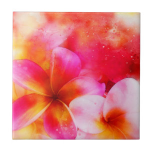 Hawaiianische Plumeria in Neon Pink, Gelb und Wei Fliese