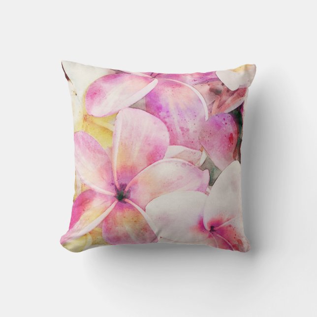 Hawaiianische Plumeria in Rosa, Gelb und Weiß Kissen (Vorderseite)