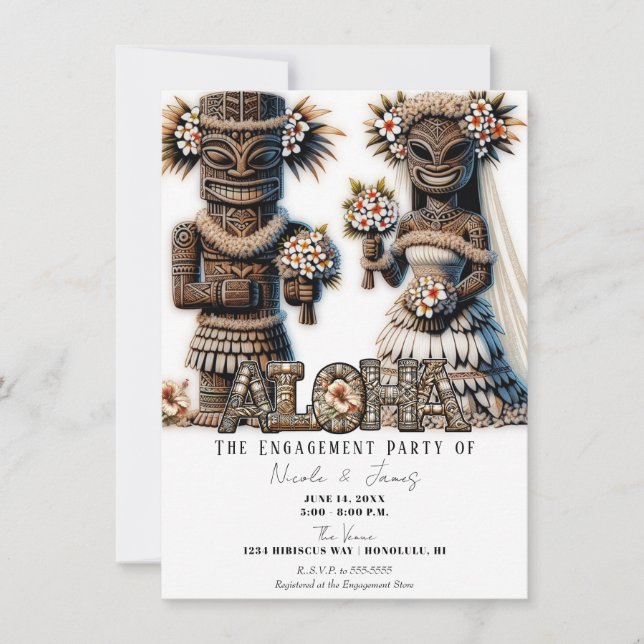 Hawaiianische polynesische Tiki Bride Groom Verlob Einladung (Vorderseite)