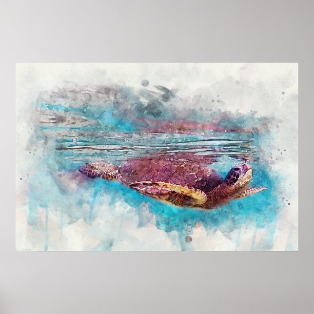 Hawaiianische Schildkröte Aquarellmalerei Poster (Vorne)