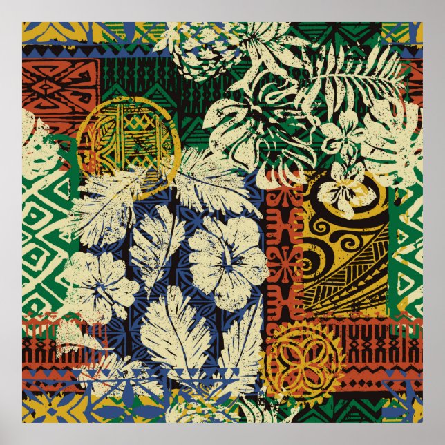 Hawaiianische Stammeselemente und Hibiskus-Stoffpf Poster (Vorne)