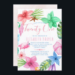 Hawaiianische tropische Blüte 21. Geburtstagsparty Einladung<br><div class="desc">Moderner Strand Hawaii Stil zwanzig ein Geburtstag Einladung Vorlage mit einem farbenfrohen Hibiskus Blume Kranz mit tropischen Blätter,  Seestern und ein rosa Flamingo Vogel,  eine Aquarell rot gespült Hintergrund auf der Rückseite. — Die Einladung ist geeignet für Sommer Aloha,  Meer,  Ozean,  Strand,  Ziel 21 / andere Meilenstein Geburtstagsfeiern.</div>