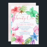 Hawaiianische tropische Blüte 21. Geburtstagsparty Einladung<br><div class="desc">Moderner Strand Hawaii Stil zwanzig ein Geburtstag Einladung Vorlage mit einem farbenfrohen Hibiskus Blume Kranz mit tropischen Blätter,  Seestern und ein rosa Flamingo Vogel,  eine Aquarell rot gespült Hintergrund auf der Rückseite. — Die Einladung ist geeignet für Sommer Aloha,  Meer,  Ozean,  Strand,  Ziel 21 / andere Meilenstein Geburtstagsfeiern.</div>