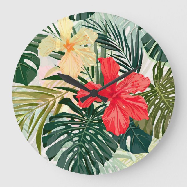 Hawaiianische tropische Pflanze, farbenfrohe Blume Große Wanduhr (Vorderseite)