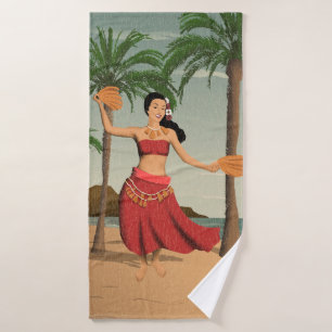 Hawaiianische Vintage-Hula-Mädchen-Postkarten-Koor Badhandtuch Set