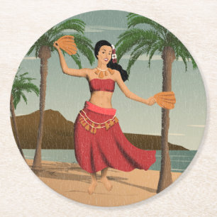 Hawaiianische Vintage-Hula-Tänzerin auf einer abge Runder Pappuntersetzer
