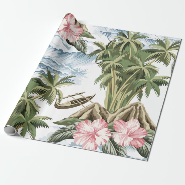 Hawaiianische Vintage Insel, Palme, Schiff, rosa  Geschenkpapier (Ungerollt)