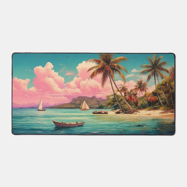 Hawaiianische Vintage Insel, Palme, Schiff, rosa Schreibtischunterlage (Vorderseite)