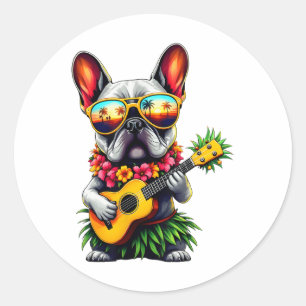 Hawaiianischer Bulldog &amp; Ananas Ukulele Su Runder Aufkleber