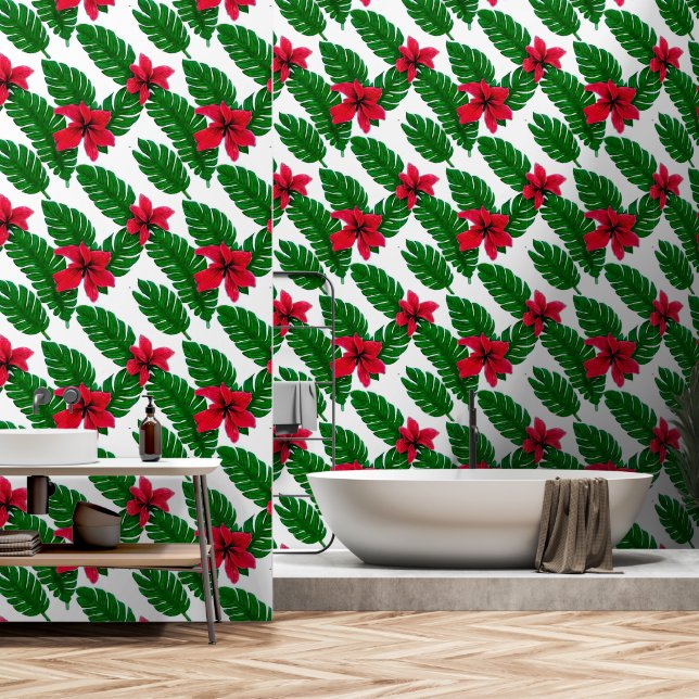 Hawaiianischer Hibiskus Blume Blattgrün Muster Tapete (Badezimmer)