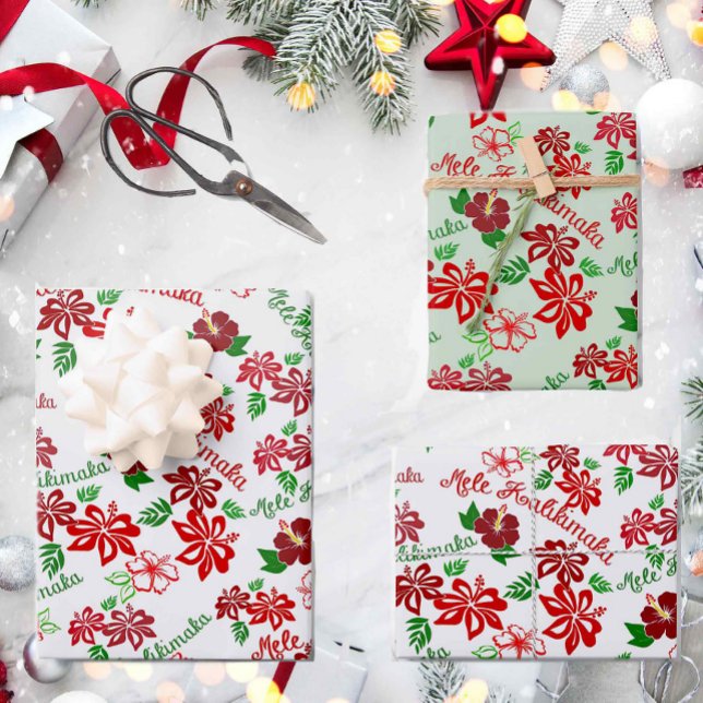 Hawaiianischer Hibiskus Mele Kalikimaka Gift Wrap Geschenkpapier Set (Von Creator hochgeladen)