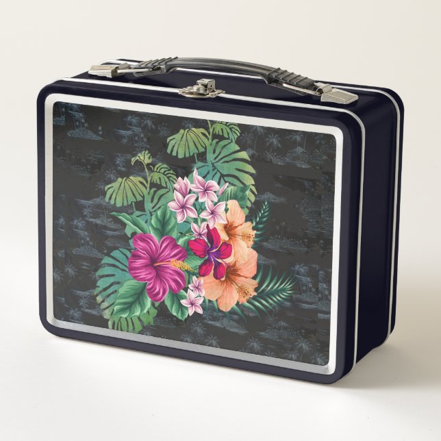 Hawaiianischer Hibiskus und Monstera Retro Lunch B Metall Brotdose (Vorderseite)