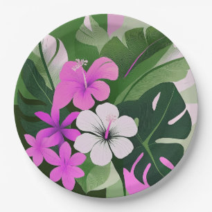 Hawaiianischer Hibiskus und Plumeria im Stil der M Pappteller