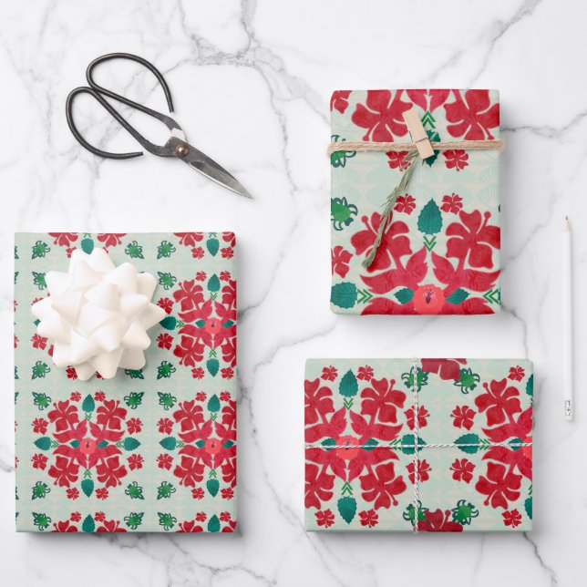 Hawaiianischer Hibiskus Weihnachts-Quilt-Muster Geschenkpapier Set (Vorderseite)
