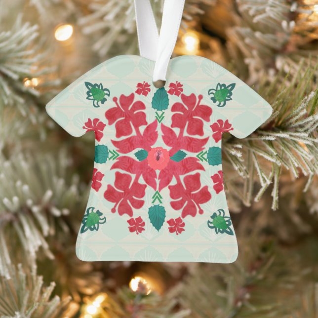 Hawaiianischer Hibiskus Weihnachts-Quilt-Muster Ornament (Baum)