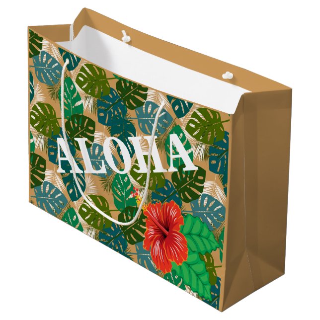 Hawaiianischer Jungle Foliage Hibiskus ALOHA Große Geschenktüte (Vorderseite Schrägansicht)
