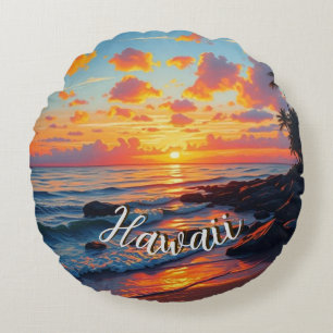 Hawaiianischer Reiseküsten-Sonnenuntergang im Vint Rundes Kissen