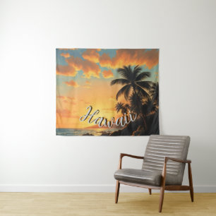 Hawaiianischer Reiseküsten-Sonnenuntergang im Vint Wandteppich