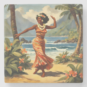 Hawaiianischer Reisestil Hula Mädchen tanzt im Vin Steinuntersetzer