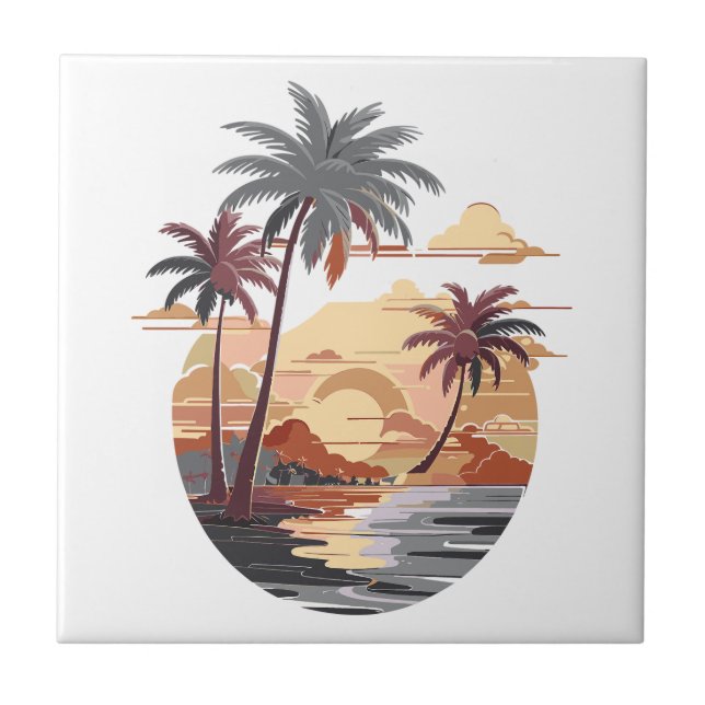 Hawaiianischer Sonnenuntergang mit Palmen. Fliese (Vorderseite)