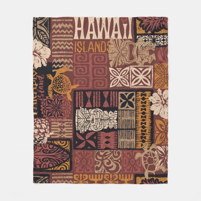 Hawaiianischer Stamm: Vintages Fabric-Patchwork Fleecedecke (Vorderseite)