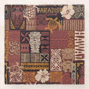 Hawaiianischer Stamm: Vintages Fabric-Patchwork Glasuntersetzer