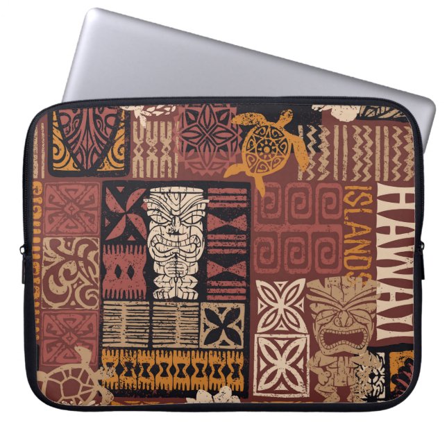 Hawaiianischer Stamm: Vintages Fabric-Patchwork Laptopschutzhülle (Vorderseite)