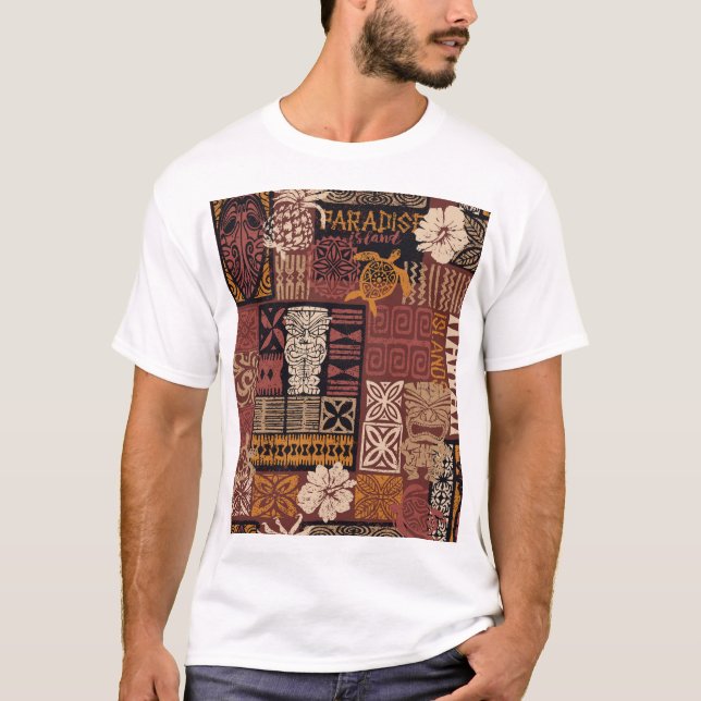 Hawaiianischer Stamm: Vintages Fabric-Patchwork T-Shirt (Vorderseite)