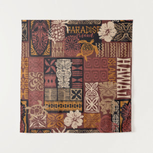Hawaiianischer Stamm: Vintages Fabric-Patchwork Wandteppich
