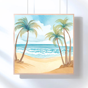 Hawaiianischer Strand Palmen-Tropen-Wasserfarbe Poster