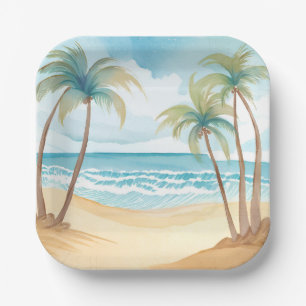 Hawaiianischer Strand   Palmenbaum Tropisches Wass Pappteller