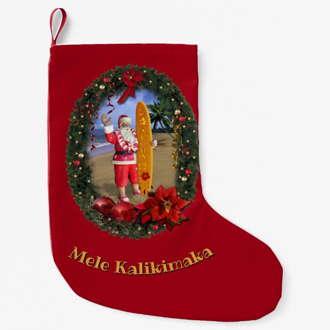 Hawaiianischer Weihnachtsmann mit Surfboard Weihna Kleiner Weihnachtsstrumpf (Vorderseite)